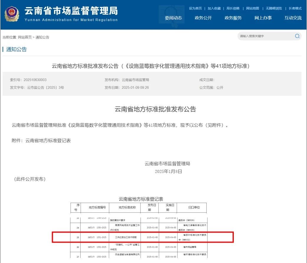 云南发布首个工夫红茶加工技术地方标准